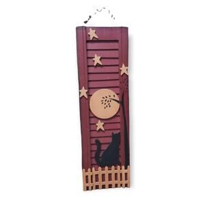 Black Cat Window Pane Wall Decor • Sitting on Fence Under The Full Moon & Stars